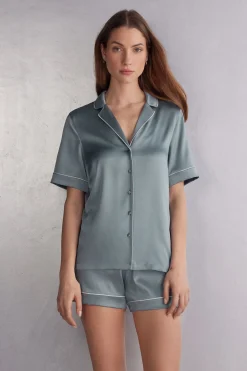 Blouse met Korte Mouwen van Zijde in Herenstijl
