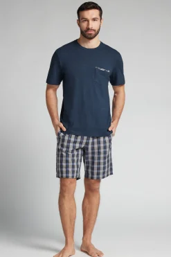 Korte Pyjama van Katoen en Geruit Linnen Denim