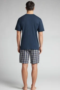 Korte Pyjama van Katoen en Geruit Linnen Denim