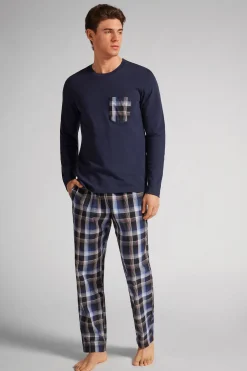 Lange Pyjama van Katoen en geruit Linnen