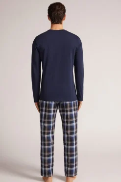 Lange Pyjama van Katoen en geruit Linnen
