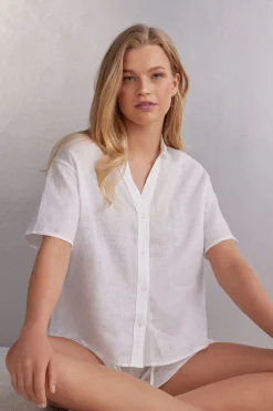 Overhemdblouse met korte mouwen van linnen