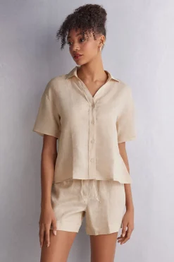 Overhemdblouse met korte mouwen van linnen