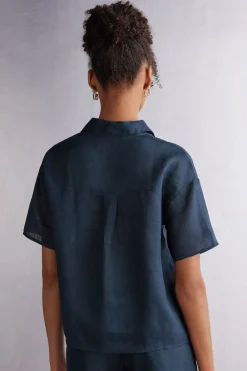 Overhemdblouse met korte mouwen van linnen