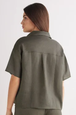 Overhemdblouse met korte mouwen van linnen