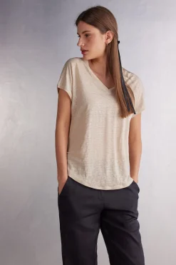 T-shirt met korte mouwen en V-hals van linnen