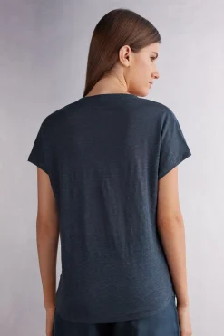 T-shirt met korte mouwen en V-hals van linnen