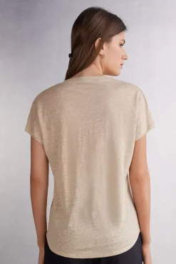 T-shirt met korte mouwen en V-hals van linnen