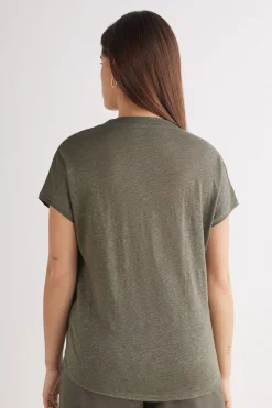T-shirt met korte mouwen en V-hals van linnen