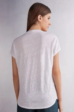 T-shirt met korte mouwen en V-hals van linnen