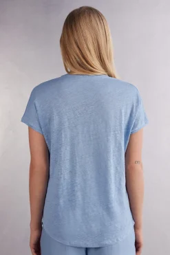 T-shirt met korte mouwen en V-hals van linnen